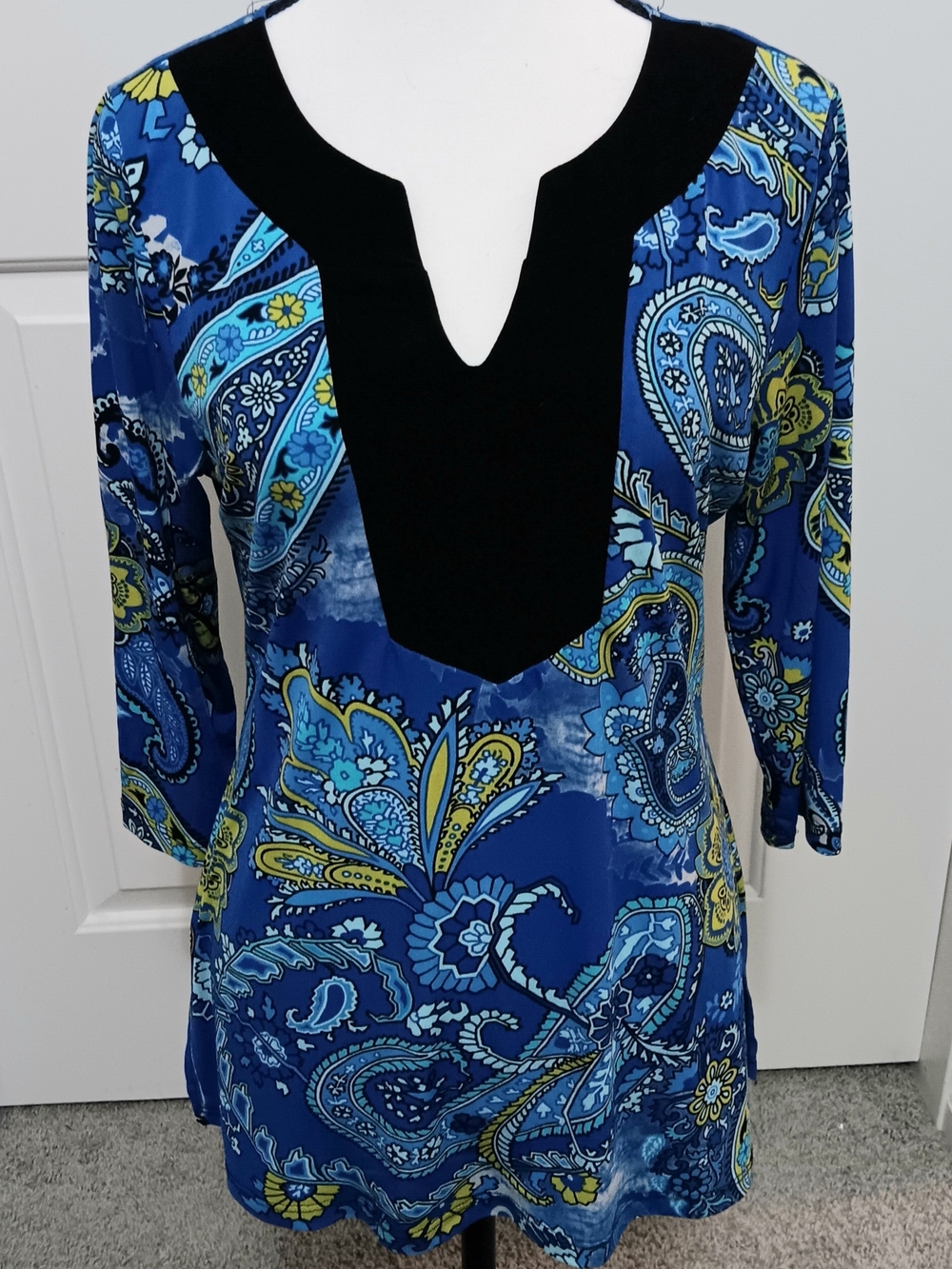 Carole Little Blue Paisley Tunic with Black V-Panel